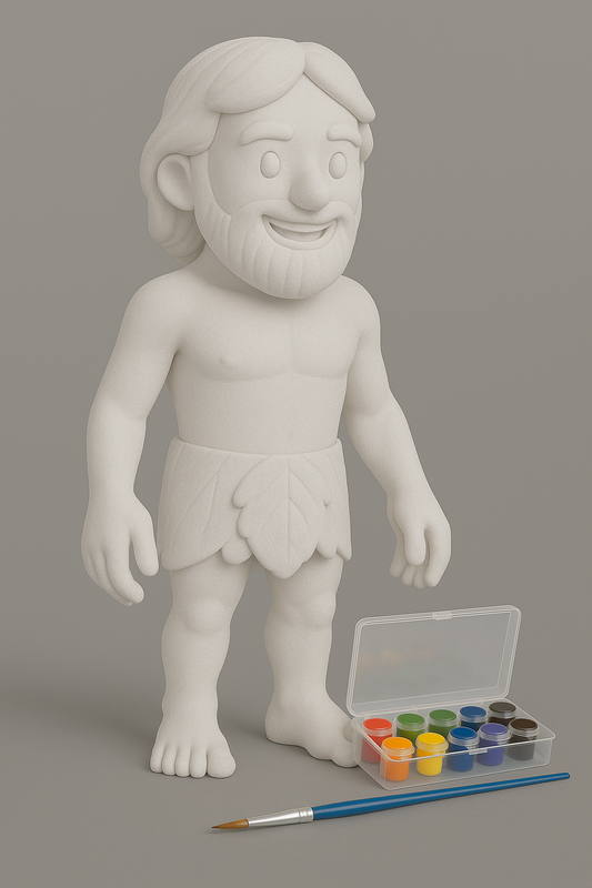 Unpainted matte white figure with the included paint set and brush