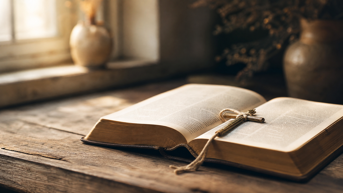 An open Bible on a wooden table with a small cross bookmark resting on the page