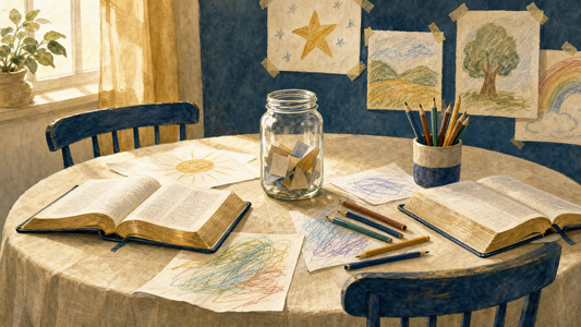 A Sunday school table in morning light with two open Bibles, coloured pencils, children's crayon drawings taped to the wall, and a glass jar of folded prayer slips.