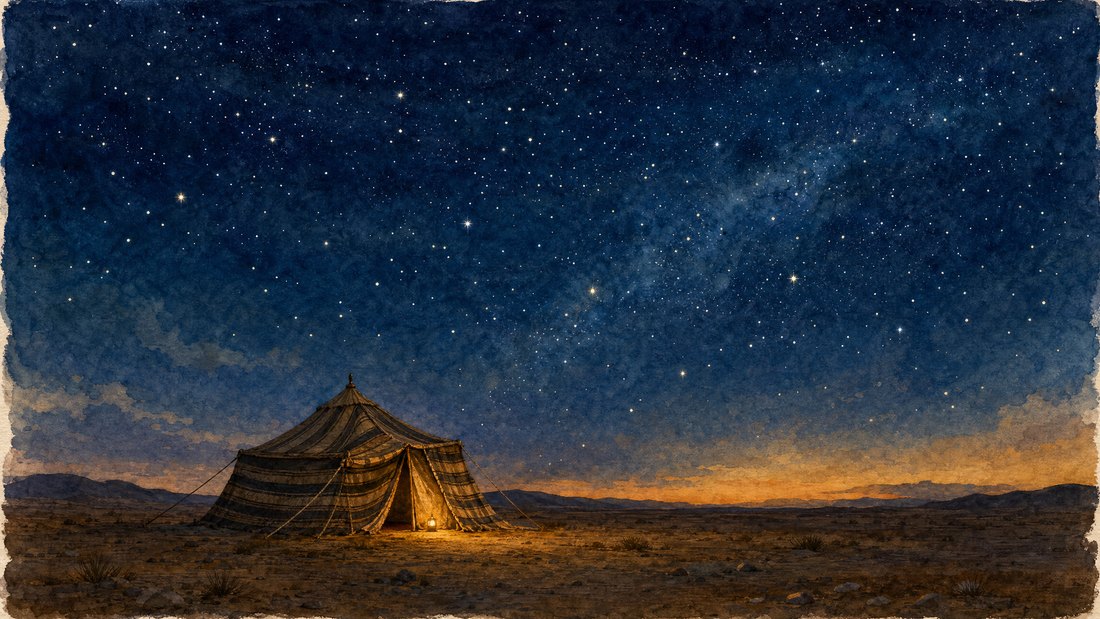 A single nomadic tent alone on the desert at night beneath a sky full of stars, with one lamp lit at its opening.