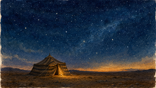 A single nomadic tent alone on the desert at night beneath a sky full of stars, with one lamp lit at its opening.