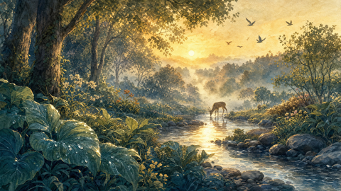 A garden at first light with dew on broad leaves, a stream catching the sun, and a deer drinking at the water.