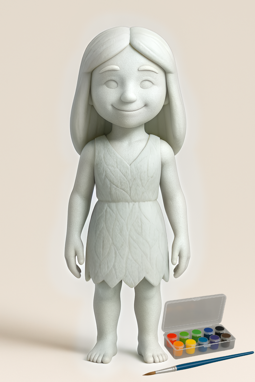 Unpainted matte white Eve figure shown with the included paint kit and brush, ready to paint