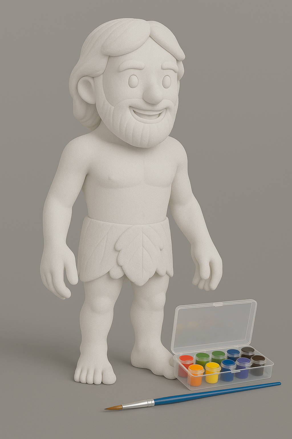 Unpainted matte white Adam figure shown with the included paint kit and brush, ready to paint